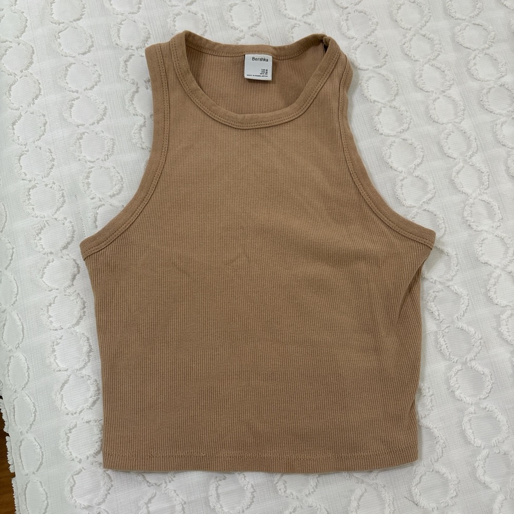 Bershka Tan Sleeveless Fitted Crop Tank Top